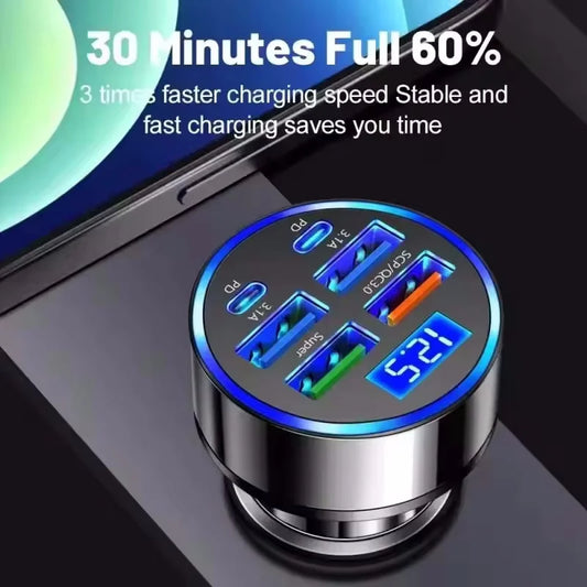 6-in-1 Fast Charging Car Adapter 3.1A Dual Type-C Digital Display Smartphones Tablets Power Banks Black Portable Charger