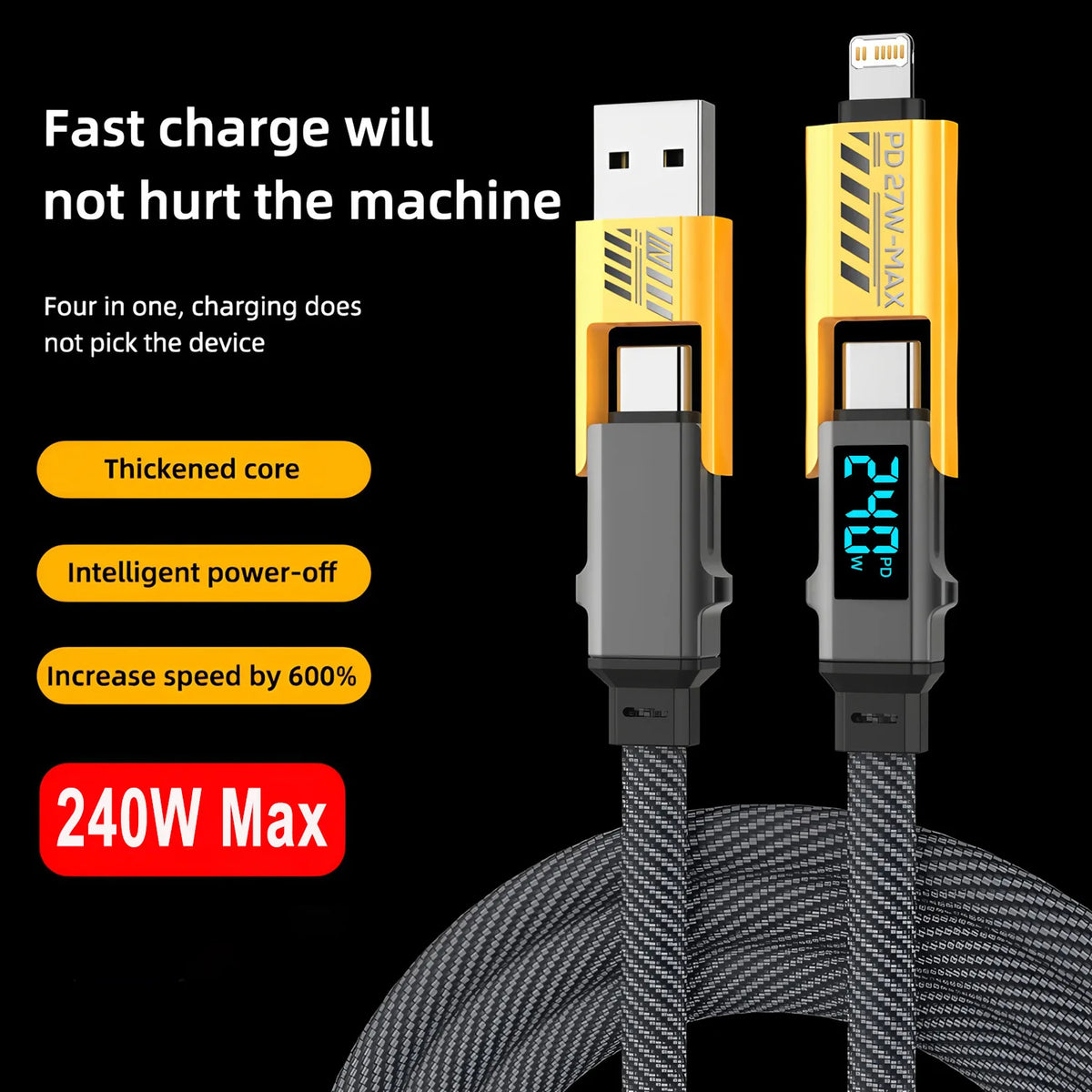 240W 4-in-1 Data Cable Super Fast Charging USB to Type-C USB C to Lightning With LED For IPhone16 15 14 XIAOMI HUAWEI